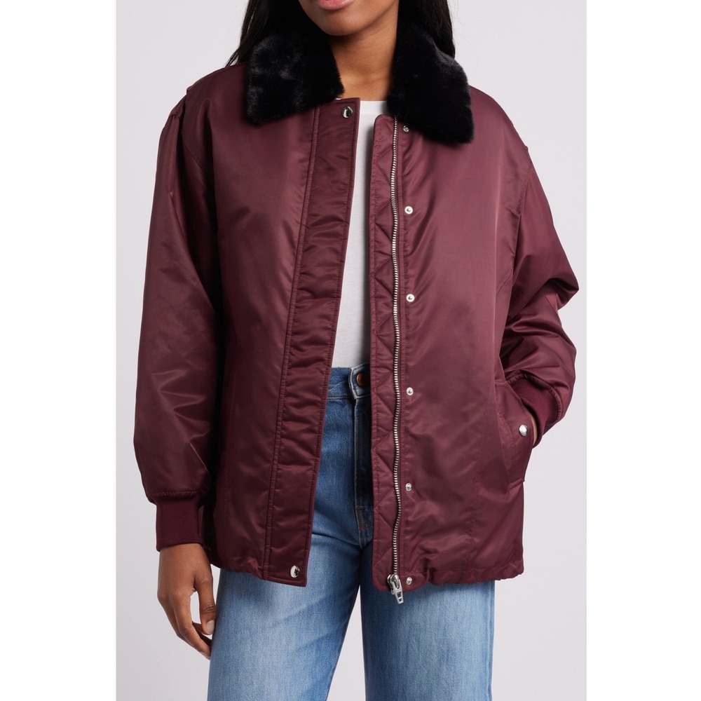 Blankâ NYC Burgundy Faux Fur Collar Bomber Jacket Women's Medium NWT